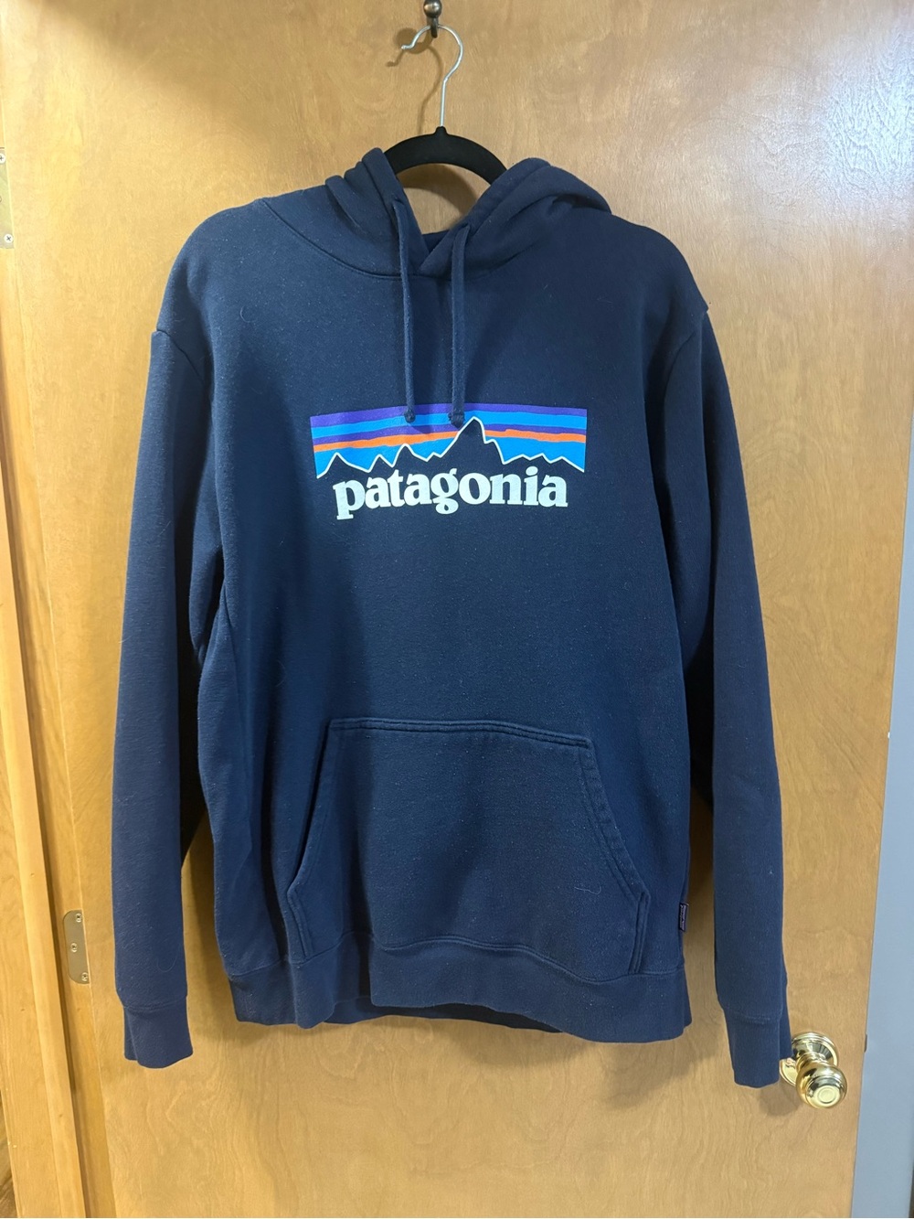 Patagonia Navy Pullover Hoodie with Multicolor Logo